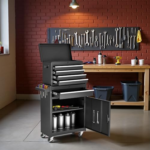 Black Steel 5 Drawer Rolling Tool Chest with Detachable Top F19636