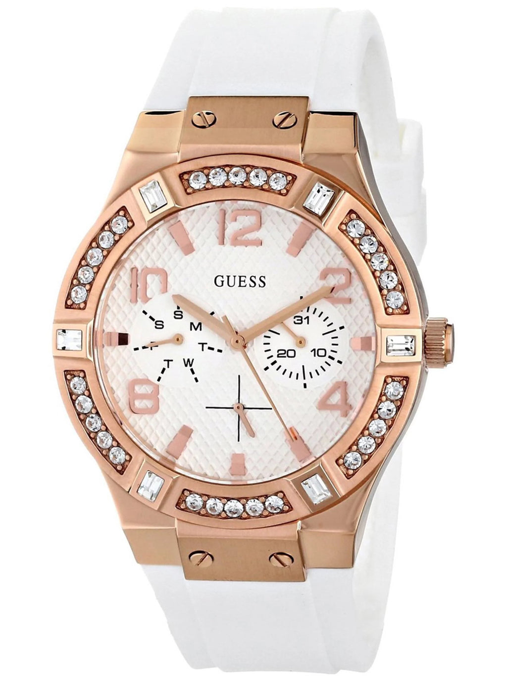 Women's Rose Gold Tone Case White Silicone Strap Crystal Accented Bezel Watch J14081
