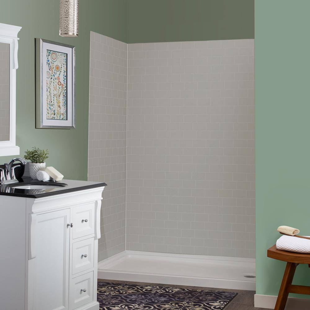 5-Piece Shower Kit in Grey Mosaic with Right Drain Base in White F517