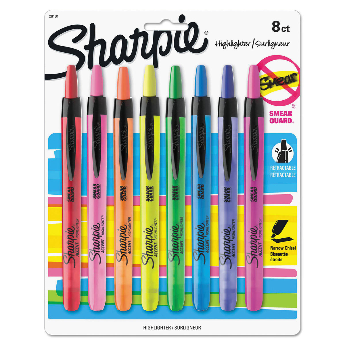 Retractable Highlighters, Chisel Tip, Assorted Colors, 8/Set A81792