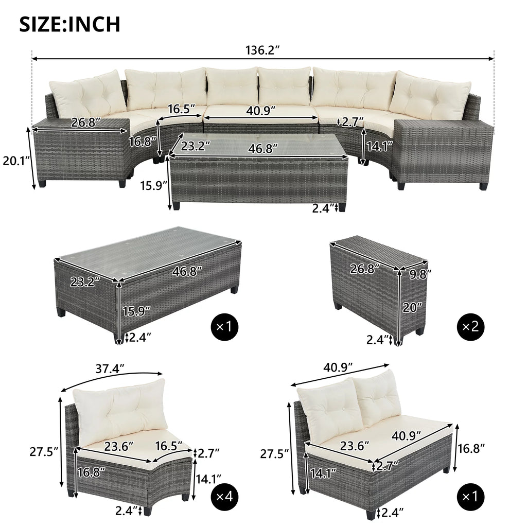8 Piece Rattan Sectional Sofa Set with Removable Cushions & Coffee Table M702