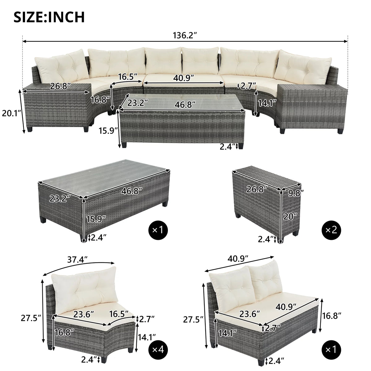 8 Piece Rattan Sectional Sofa Set with Removable Cushions & Coffee Table M702