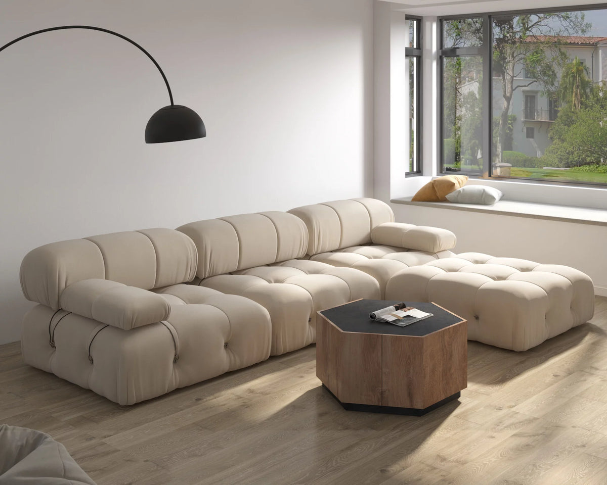 L-Shaped Velvet 3-Seat Sofa with Ottoman S2599