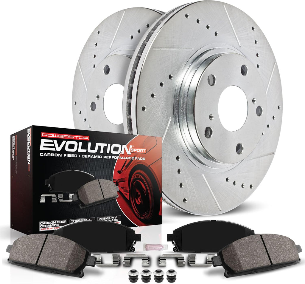 Front Z23 Carbon Fiber Brake Pads with Drilled & Slotted Brake Rotors Kit E895