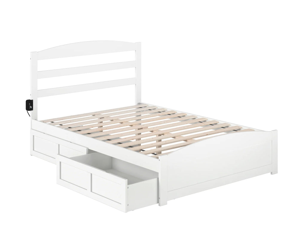 White Full Wood Platform Bed with Headboard and 2 Storage Drawers I52924