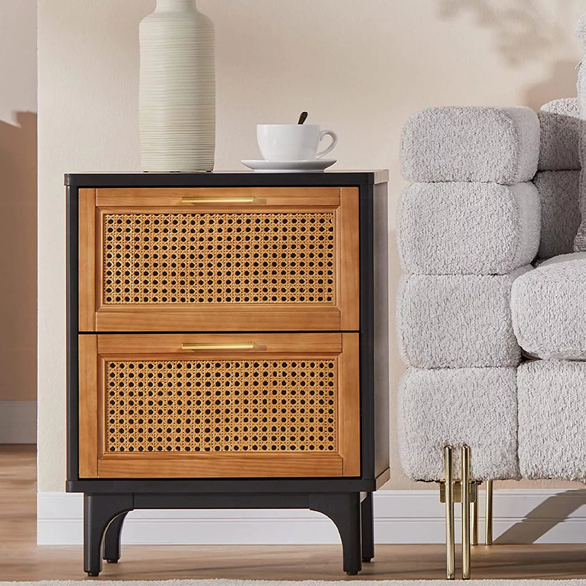 Black Woven Rattan Nightstand with 2 Wood Drawers S779