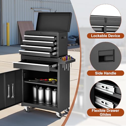 Black Steel 5 Drawer Rolling Tool Chest with Detachable Top F19636