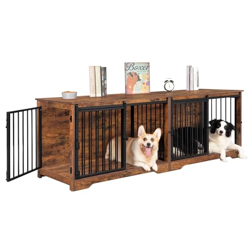 78 Inch Extra Large Double Dog Crate Furniture with Divider, Rustic Brown X381