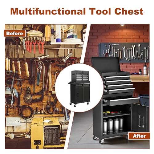 Black Steel 5 Drawer Rolling Tool Chest with Detachable Top F19636