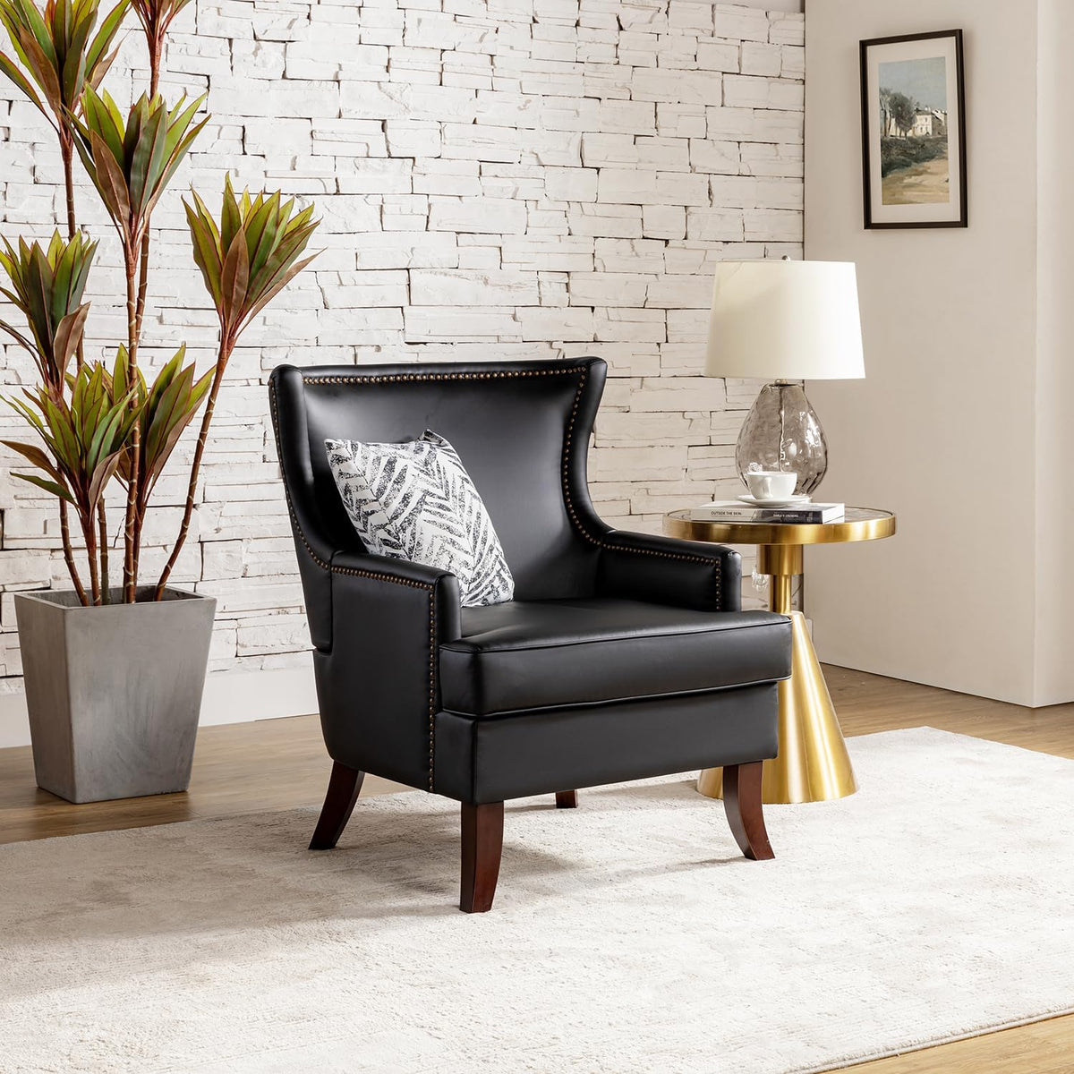 Black Faux Leather Wingback Accent Chair with Nailhead Trim J2055