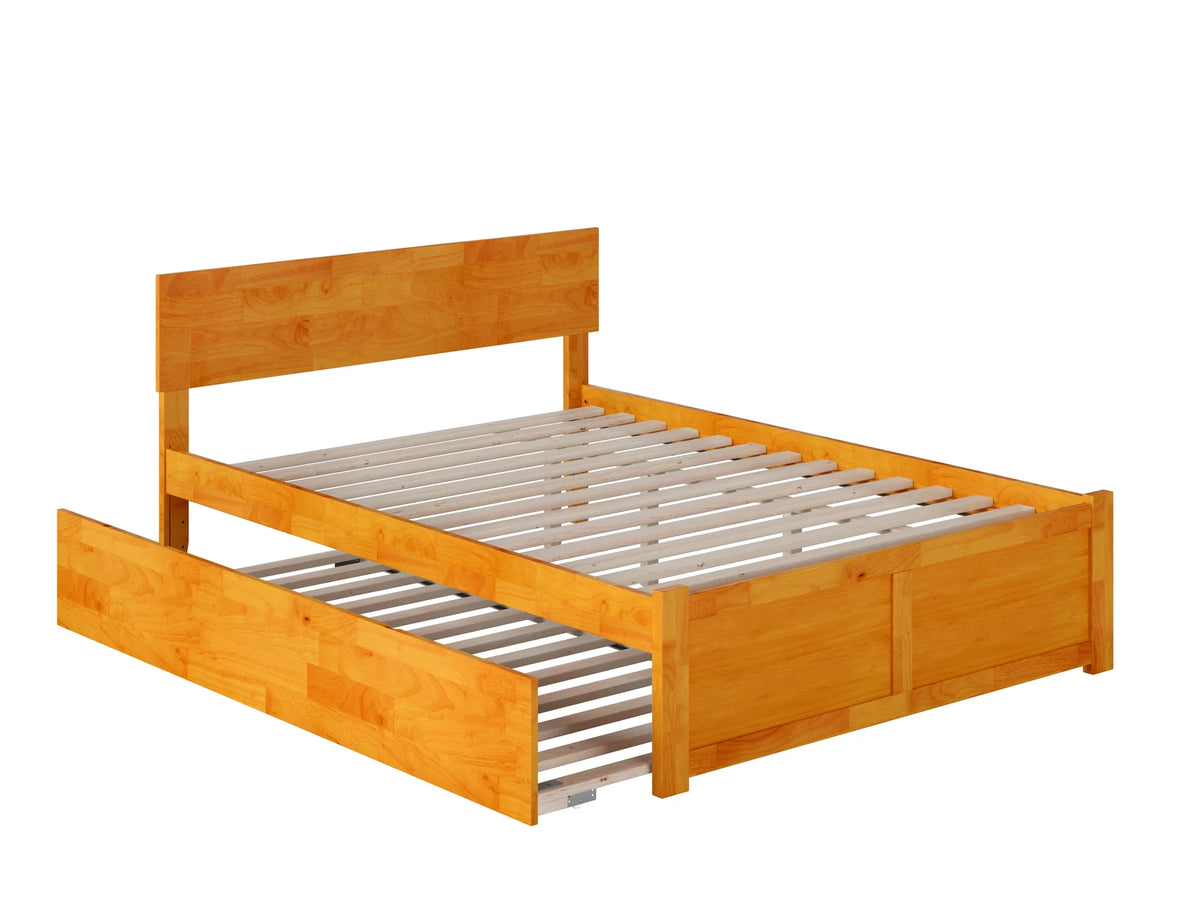 Caramel Solid Wood Platform Bed with Footboard and Twin Trundle D854