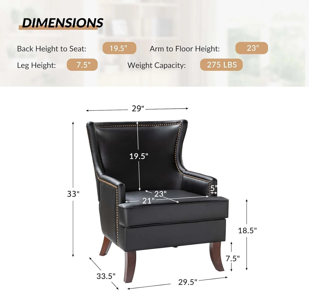 Black Faux Leather Wingback Accent Chair with Nailhead Trim J2055