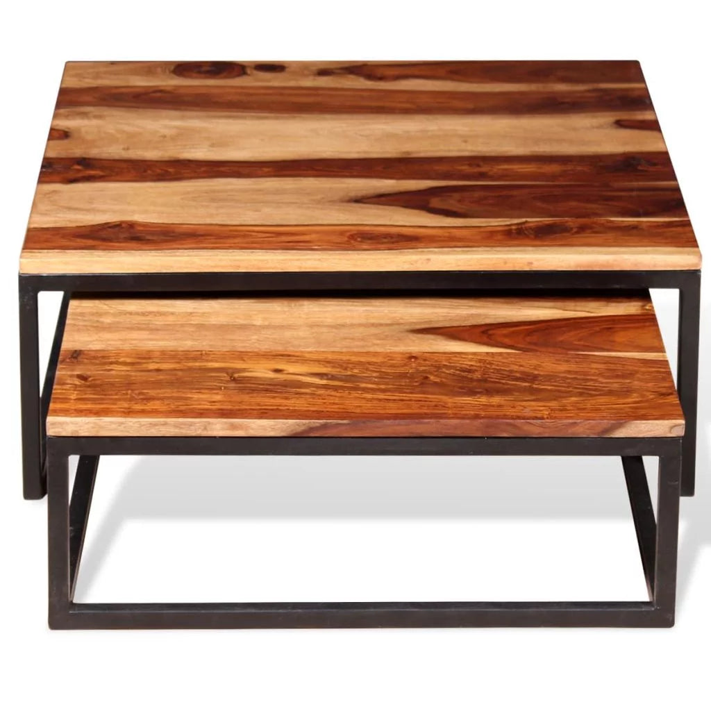 2 Piece Stackable Sheesham Wood Iron Frame Nesting Table Set X911