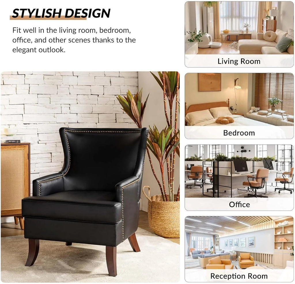 Black Faux Leather Wingback Accent Chair with Nailhead Trim J2055