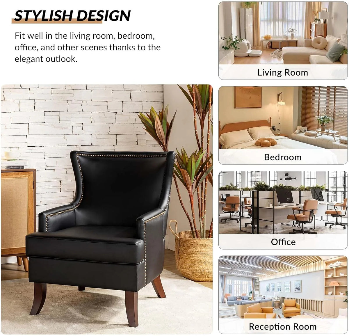 Black Faux Leather Wingback Accent Chair with Nailhead Trim J2055