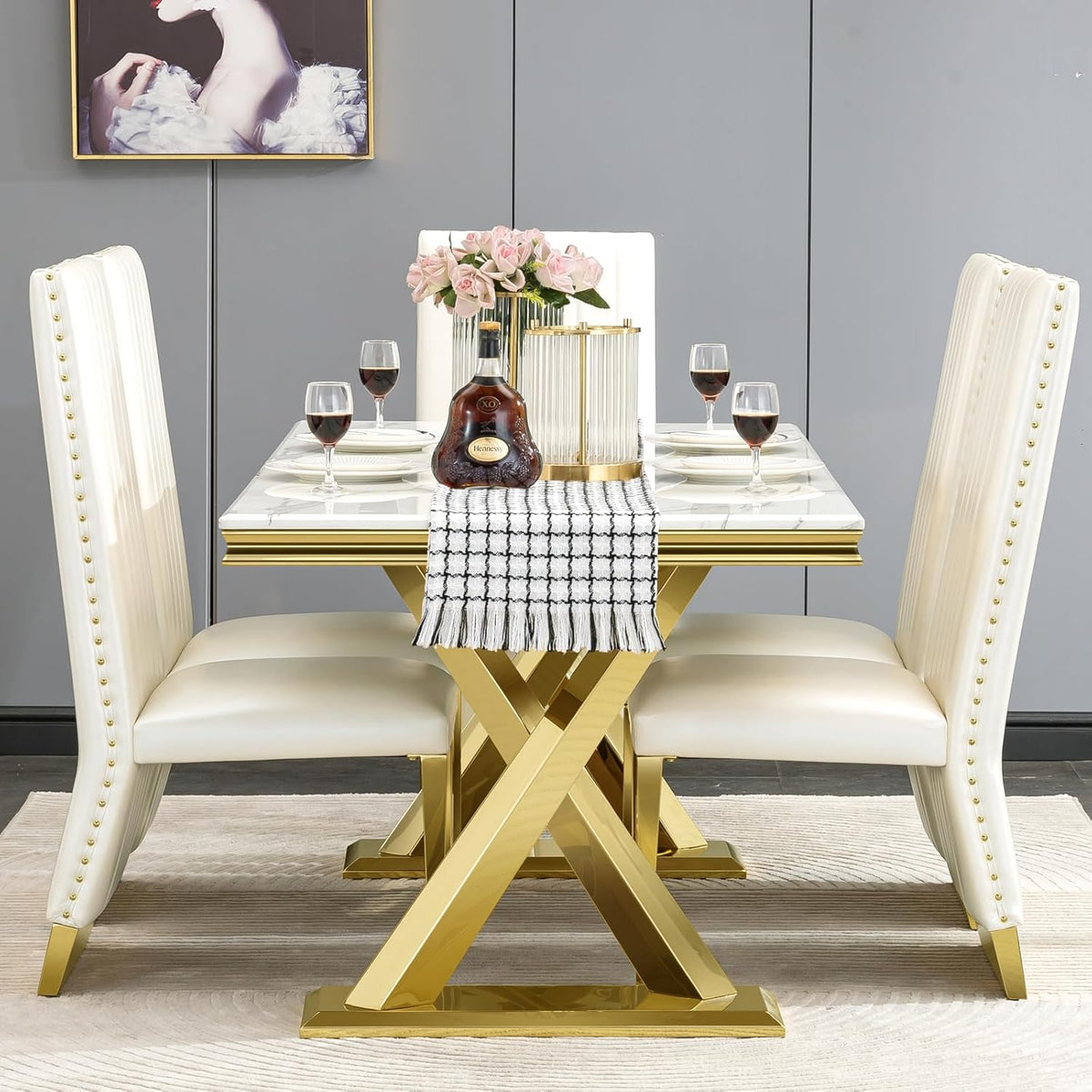 White and Gold 72" Dining Table with Double X-Base J602