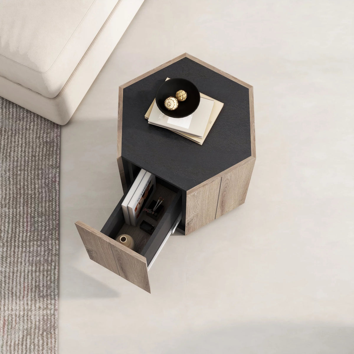 Textured Black Warm Oak Corner Table with Drawer H416