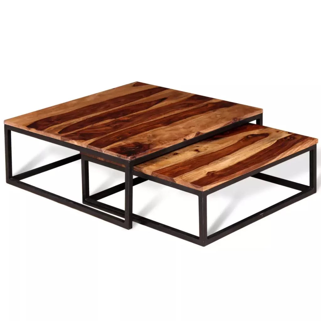 2 Piece Stackable Sheesham Wood Iron Frame Nesting Table Set X911
