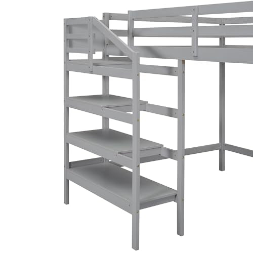 Full Size Gray Wooden Loft Bed with Staircase and Storage Wardrobe I628