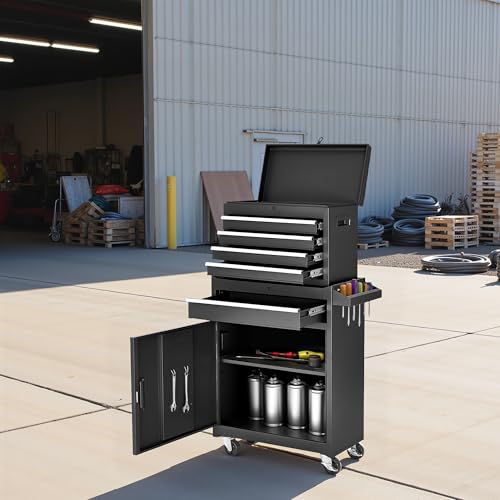 Black Steel 5 Drawer Rolling Tool Chest with Detachable Top F19636