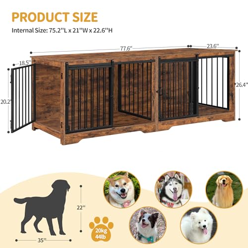 78 Inch Extra Large Double Dog Crate Furniture with Divider, Rustic Brown X381