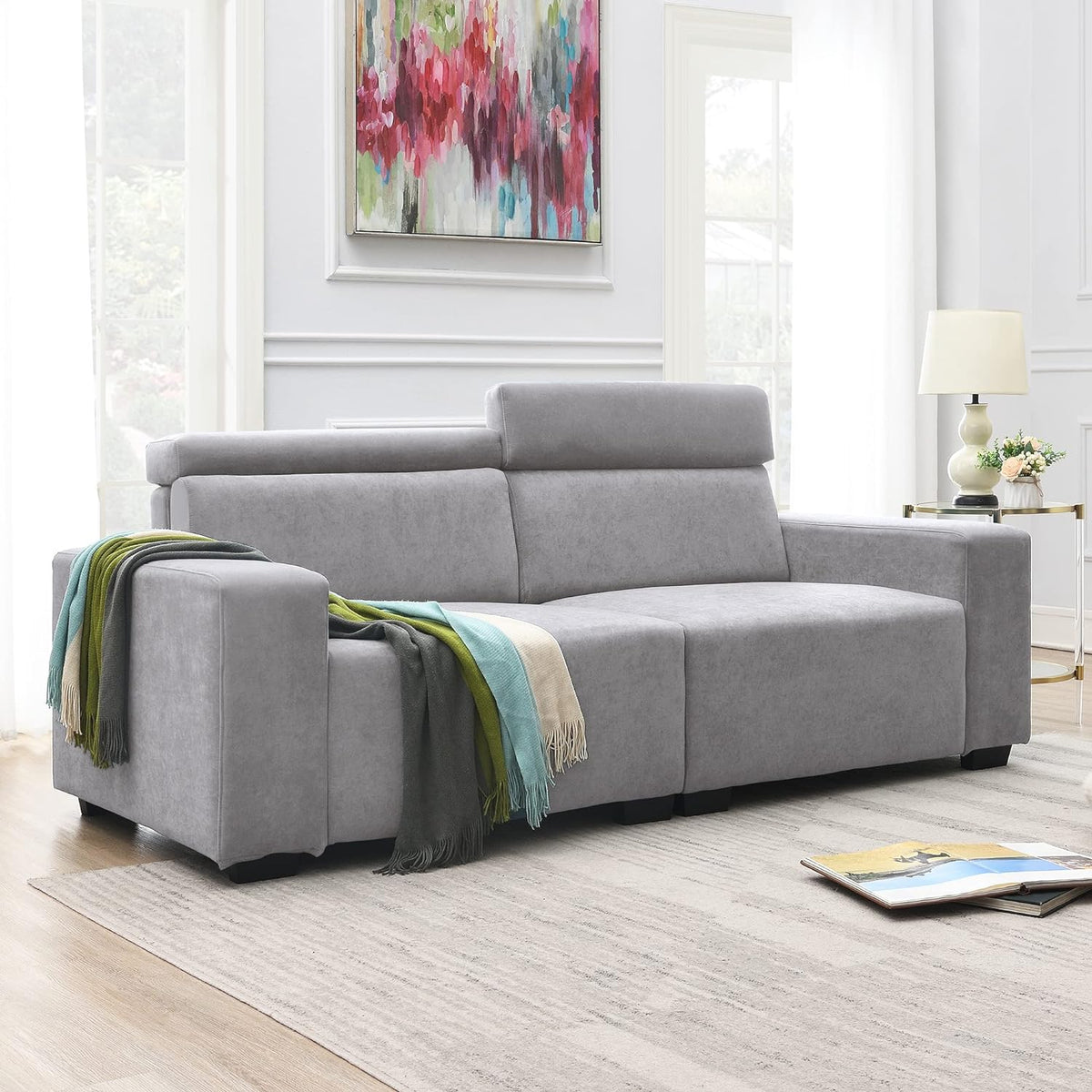Light Grey Velvet Upholstered Sofa with Adjustable Headrests N933794