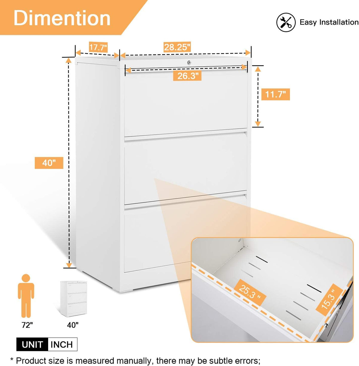 3 Drawer White Metal Lateral File Cabinet with Lock G124985