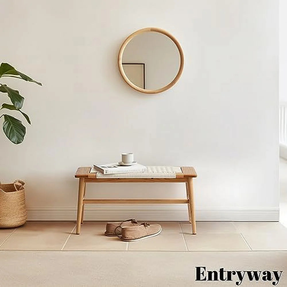 Wood Dining Bench Solid Oak with Rattan Design 31.49 inch S609