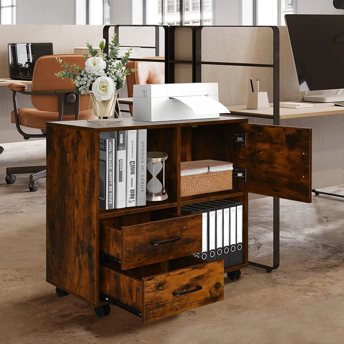 Rustic Brown Mobile Printer Stand with 2 Drawers C955459