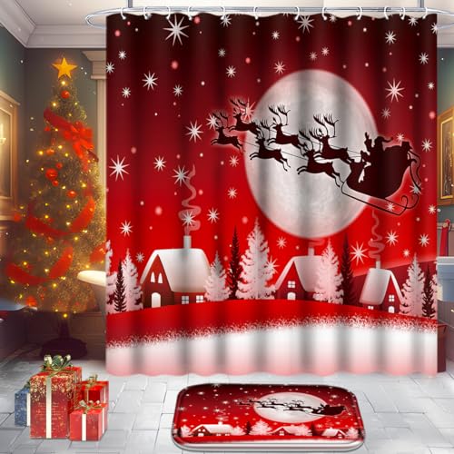Christmas Bathroom Set with Shower Curtain, Rugs, 12 Hooks G915