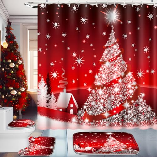 Christmas Bathroom Set with Shower Curtain, Rugs, 12 Hooks G915