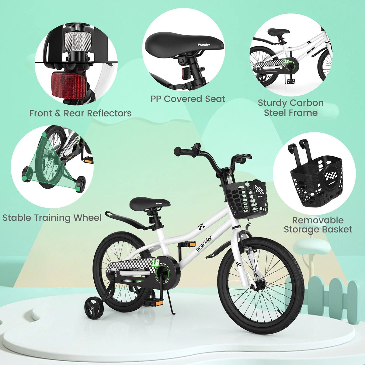 White 18 Inch Kids' Bike with Training Wheels and Basket Y45565