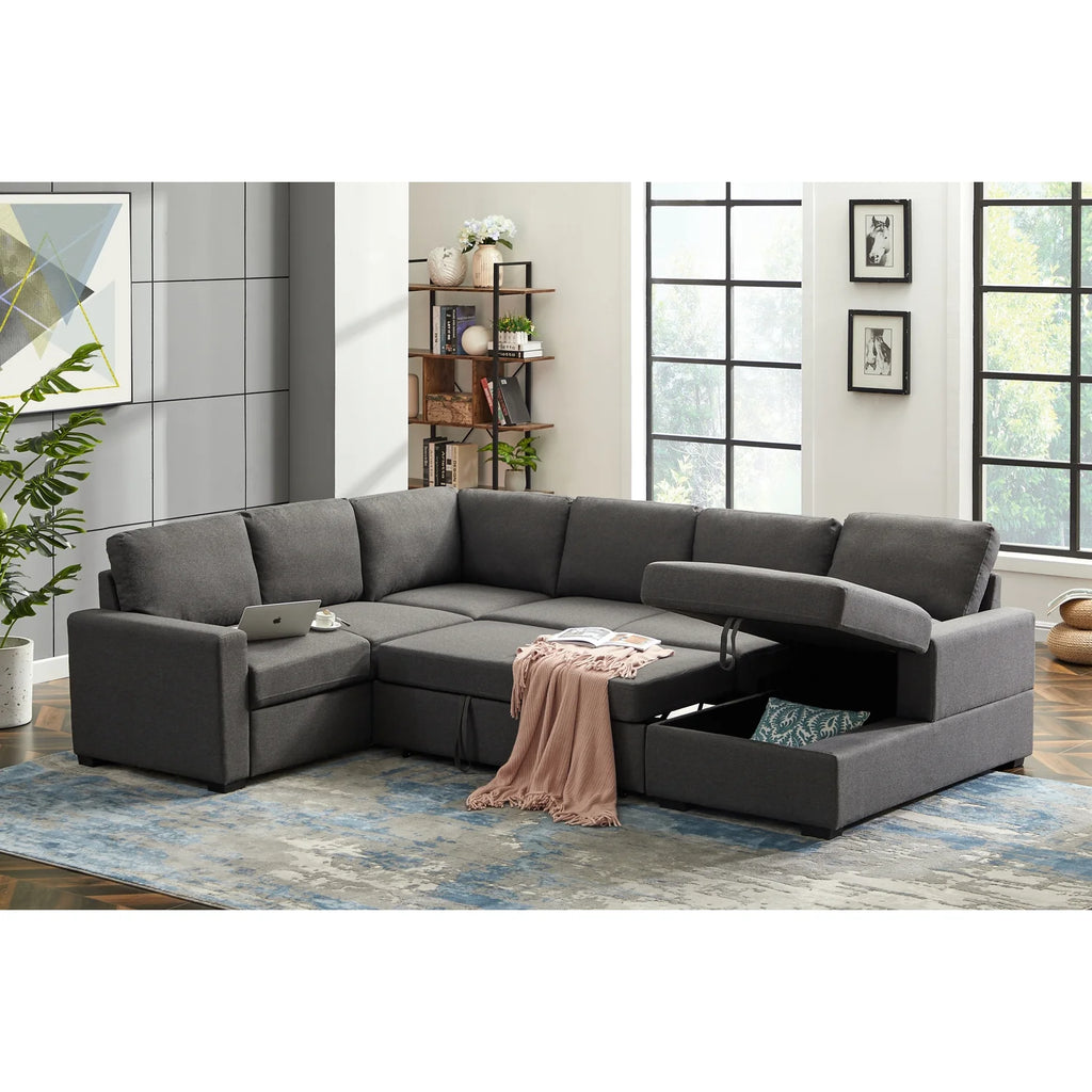 Gray Linen Left Hand Facing Sectional Sleeper Sofa O384