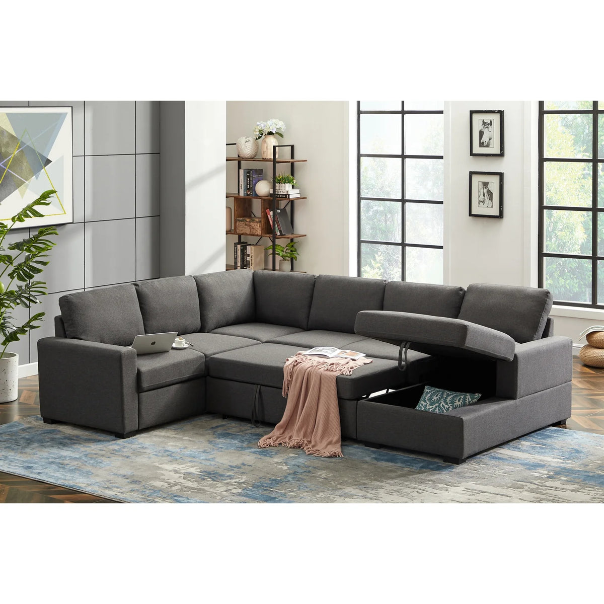 Gray Linen Left Hand Facing Sectional Sleeper Sofa O384