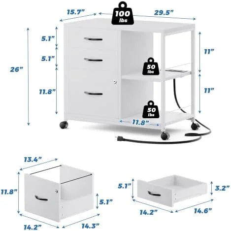 3 Drawer Wood File Cabinet with Socket and USB Charging Ports P7507