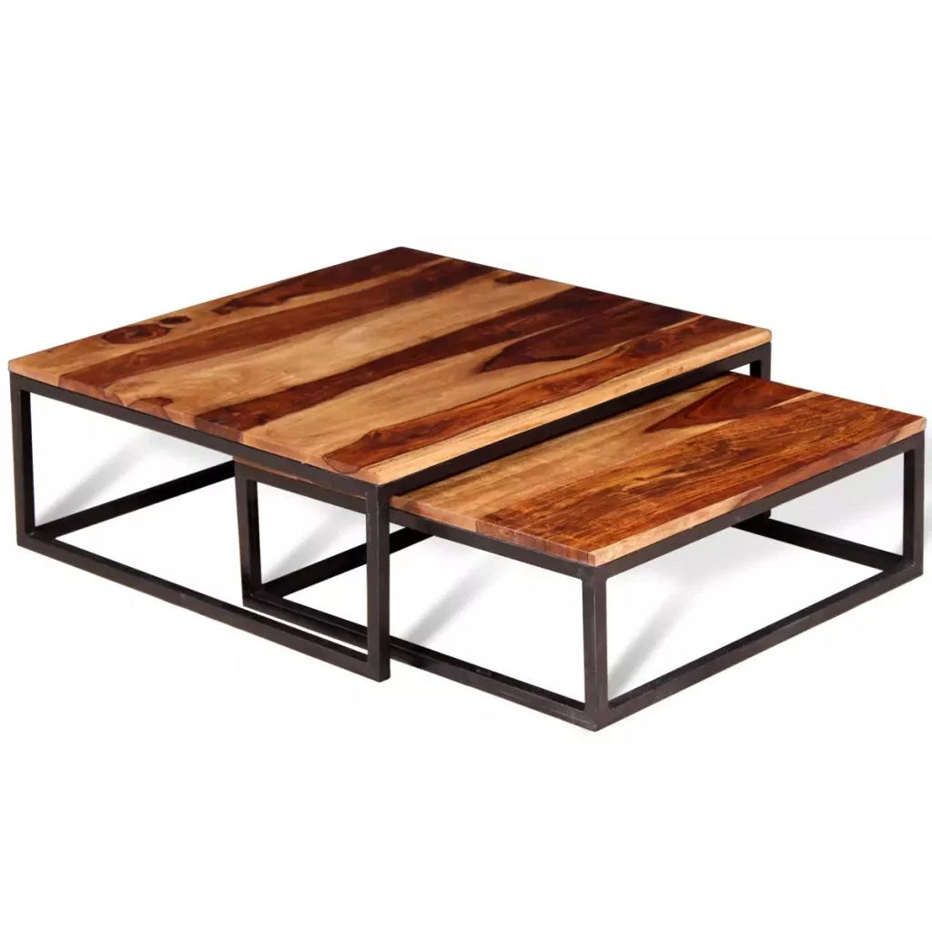2 Piece Stackable Sheesham Wood Iron Frame Nesting Table Set X911