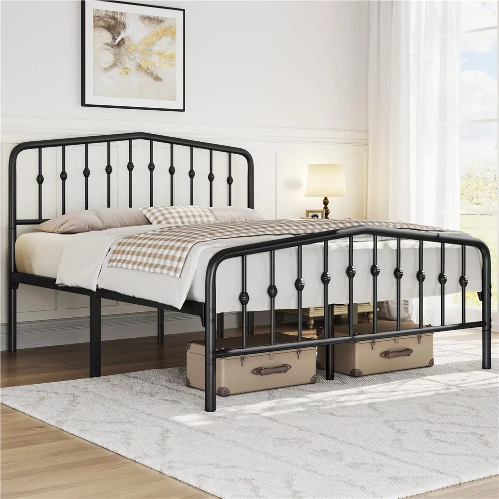 Queen Black Metal Platform Bed Frame with Arched Headboard P25828
