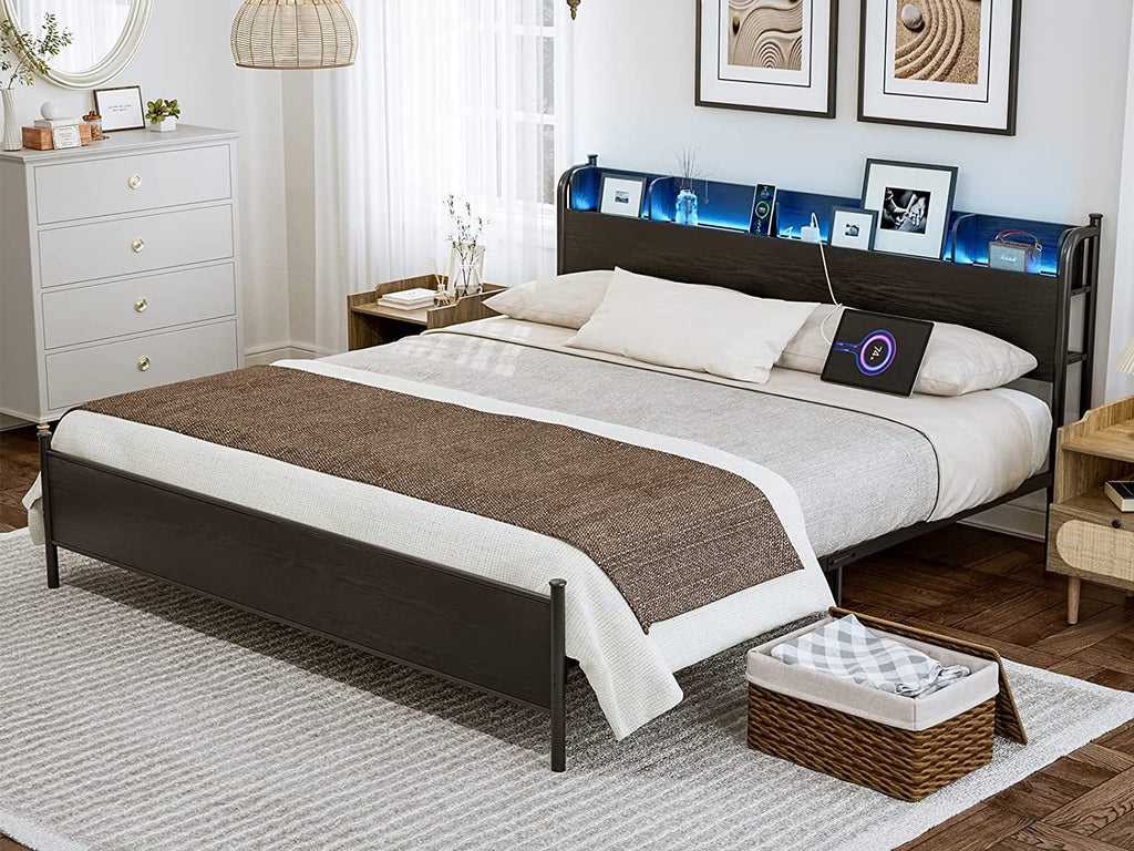 California King Metal and Wood Platform Bed Frame with Storage Shelf Headboard and Charging Station T46836
