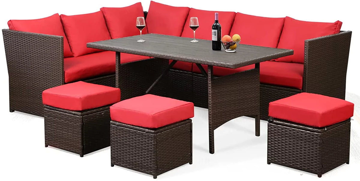 7 Pieces Brown Rattan Patio Furniture Set with Red Cushions I3176