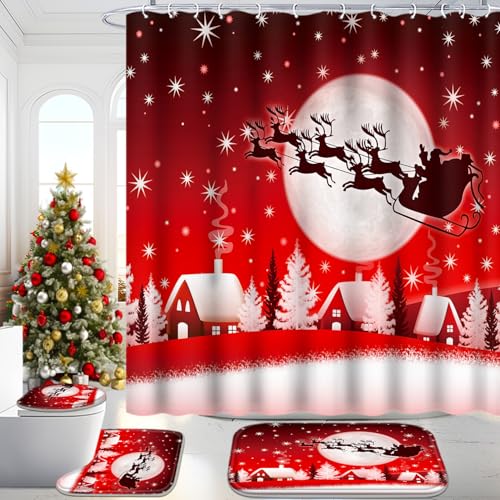 Christmas Bathroom Set with Shower Curtain, Rugs, 12 Hooks G915