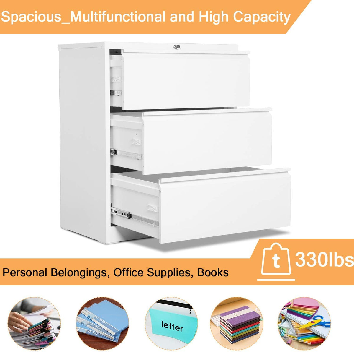 3 Drawer White Metal Lateral File Cabinet with Lock G124985