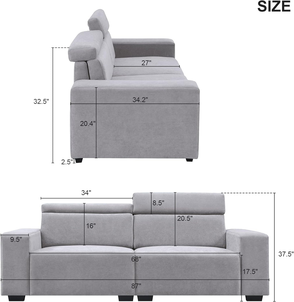 Light Grey Velvet Upholstered Sofa with Adjustable Headrests N933794