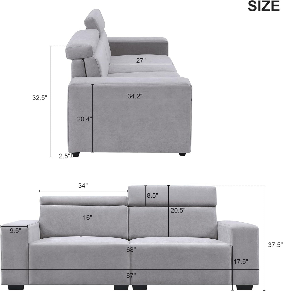 Light Grey Velvet Upholstered Sofa with Adjustable Headrests N933794