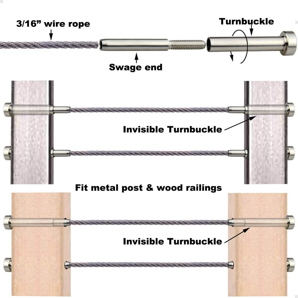 20 Pcs 3/16 Invisible Turnbuckle Kit, T316 Stainless Steel Cable Railing Hardware Kit D100