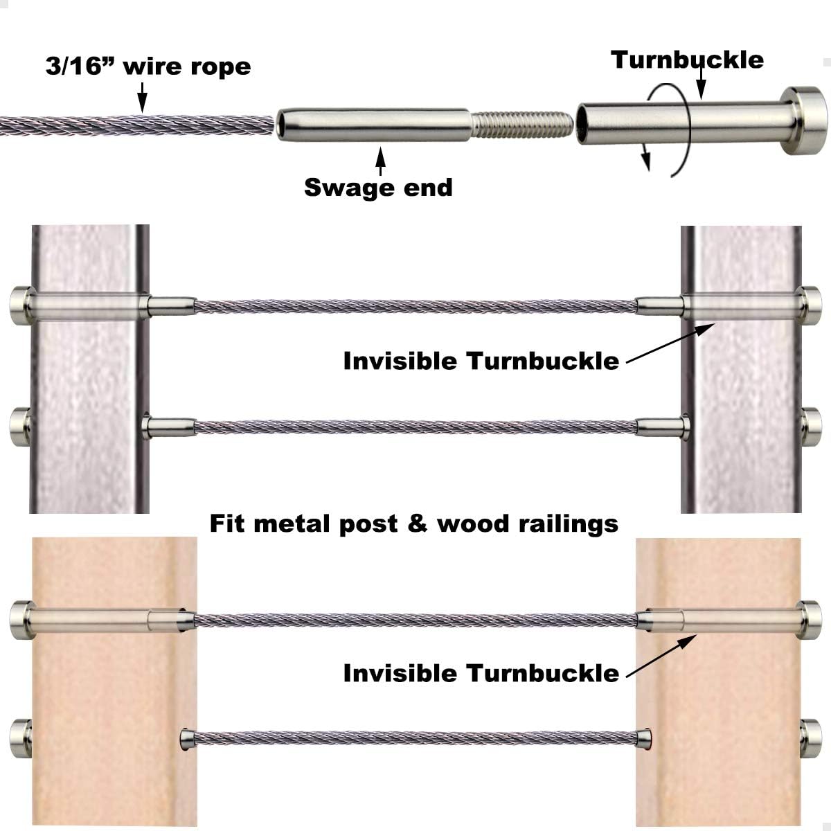 20 Pcs 3/16 Invisible Turnbuckle Kit, T316 Stainless Steel Cable Railing Hardware Kit D100