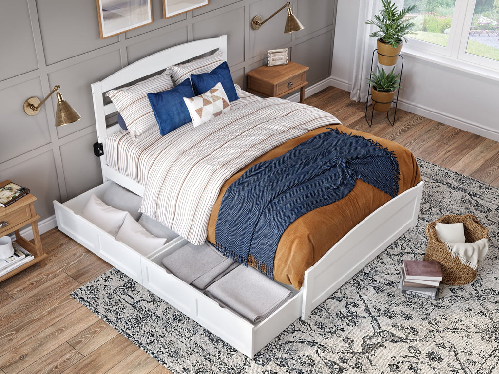 White Full Wood Platform Bed with Headboard and 2 Storage Drawers I52924