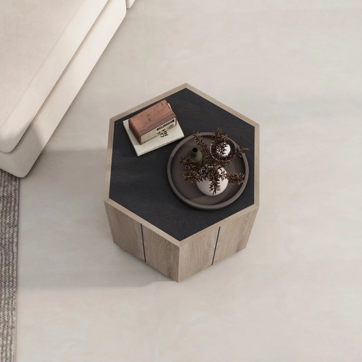 Textured Black Warm Oak Corner Table with Drawer H416
