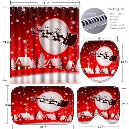 Christmas Bathroom Set with Shower Curtain, Rugs, 12 Hooks G915
