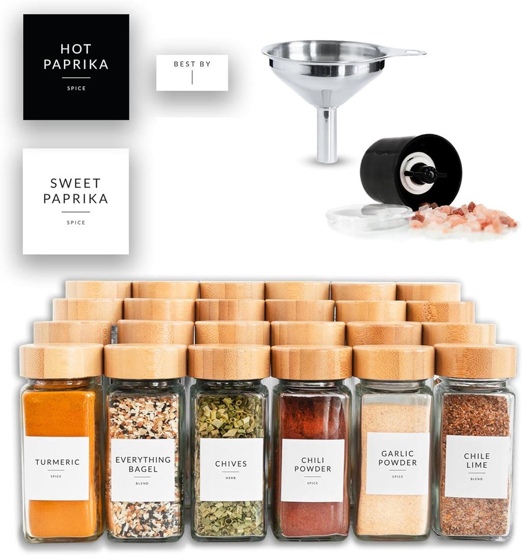 24 Glass Spice Jars with Bamboo Lids and Labels Y6229