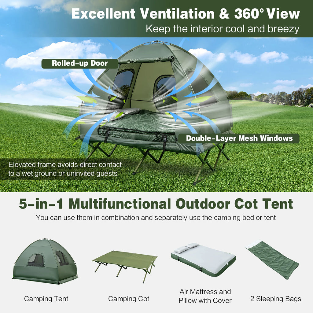 2-Person Pop-Up Tent Camping Cot with Air Mattress and Sleeping Bag A968805